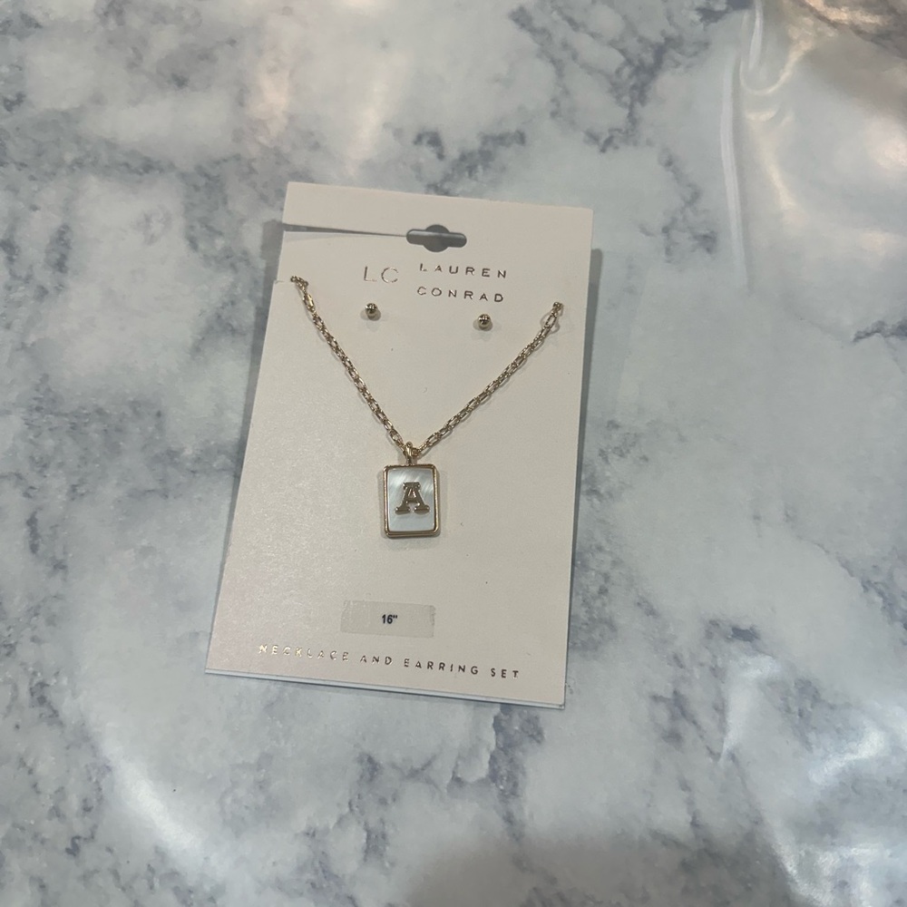 “A” necklace and gold earrings set